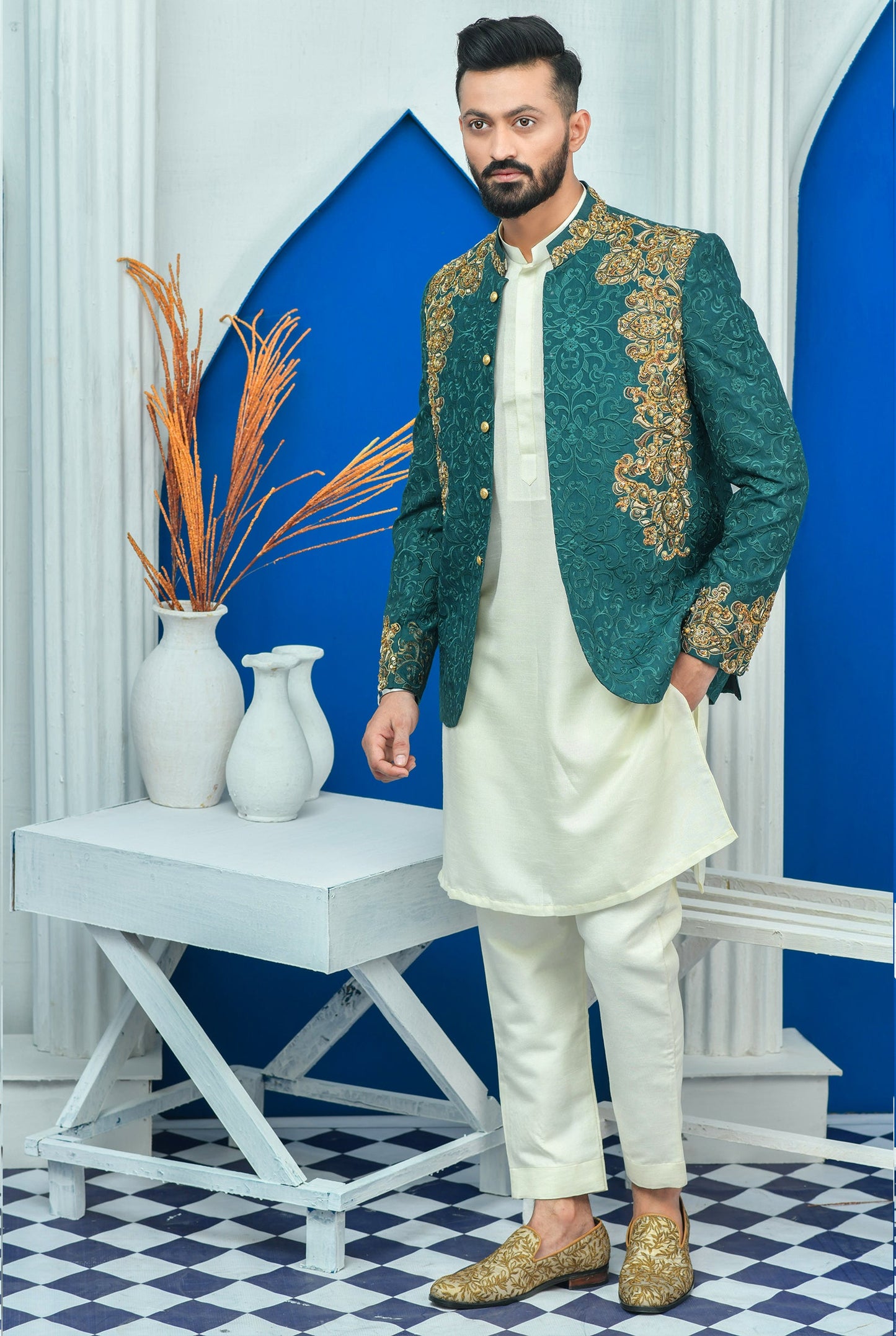 MC 157 Pakistani Royal Green Prince Coat Men - Mashal Couture