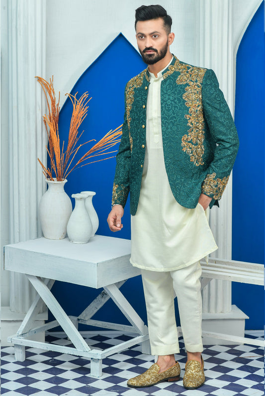 MC 157 Pakistani Royal Green Prince Coat Men - Mashal Couture