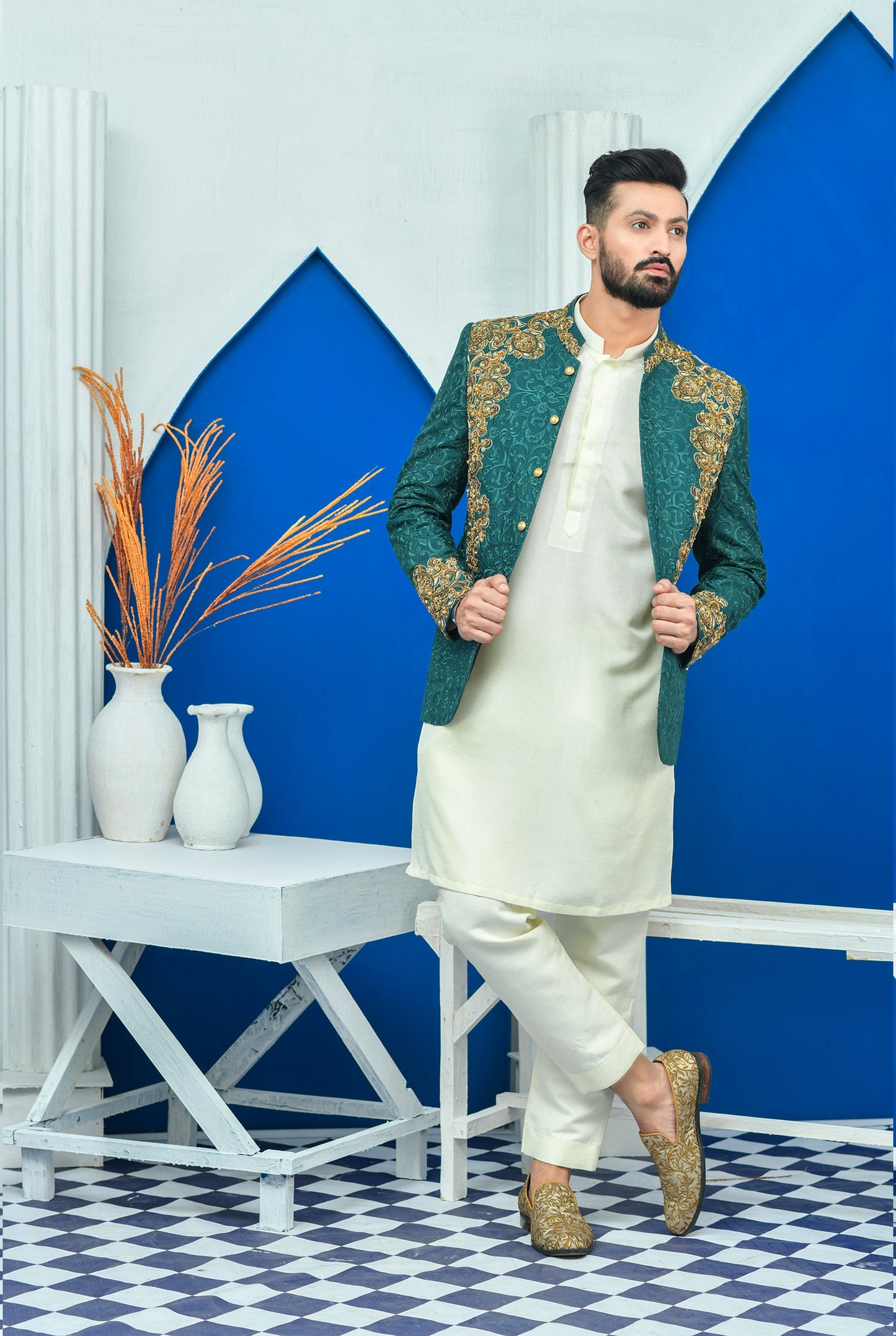 MC 157 Pakistani Royal Green Prince Coat Men - Mashal Couture