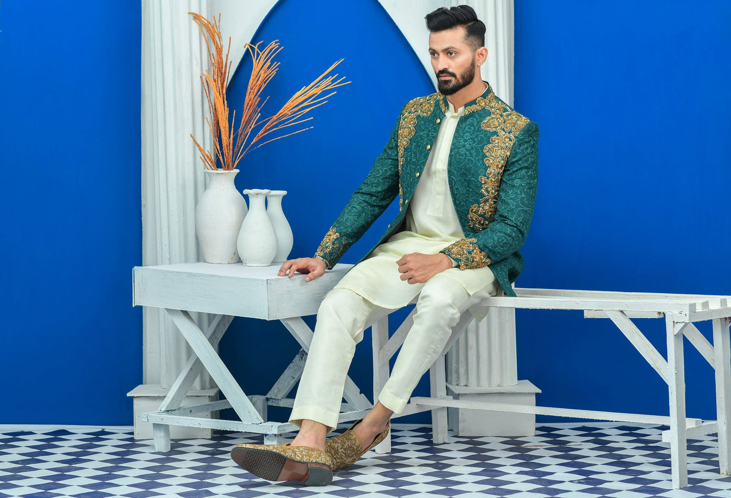 MC 157 Pakistani Royal Green Prince Coat Men - Mashal Couture