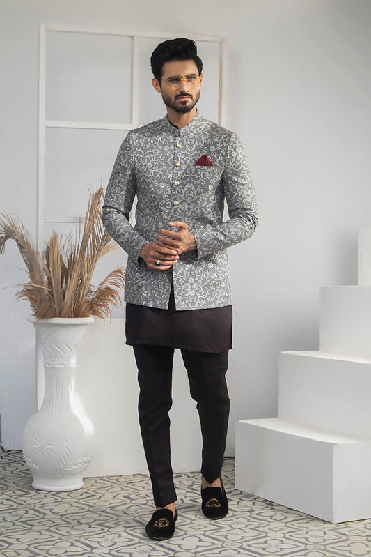 MC 155 Pakistani Sliver Embroided Prince Coat For Wedding - Mashal Couture