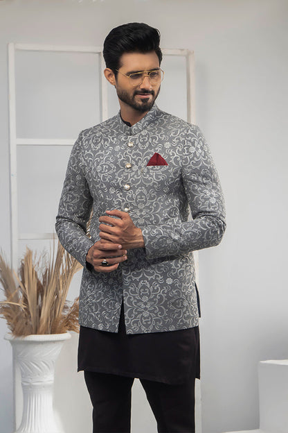 MC 155 Pakistani Sliver Embroided Prince Coat For Wedding - Mashal Couture