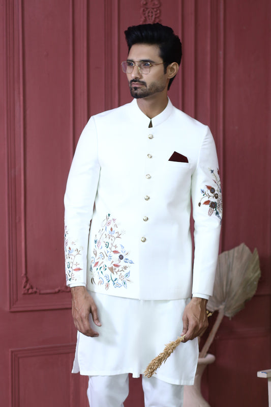 MC 154 Pakistani White Embroided Prince Coat - Mashal Couture
