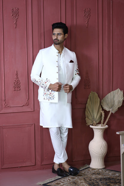 MC 154 Pakistani White Embroided Prince Coat - Mashal Couture