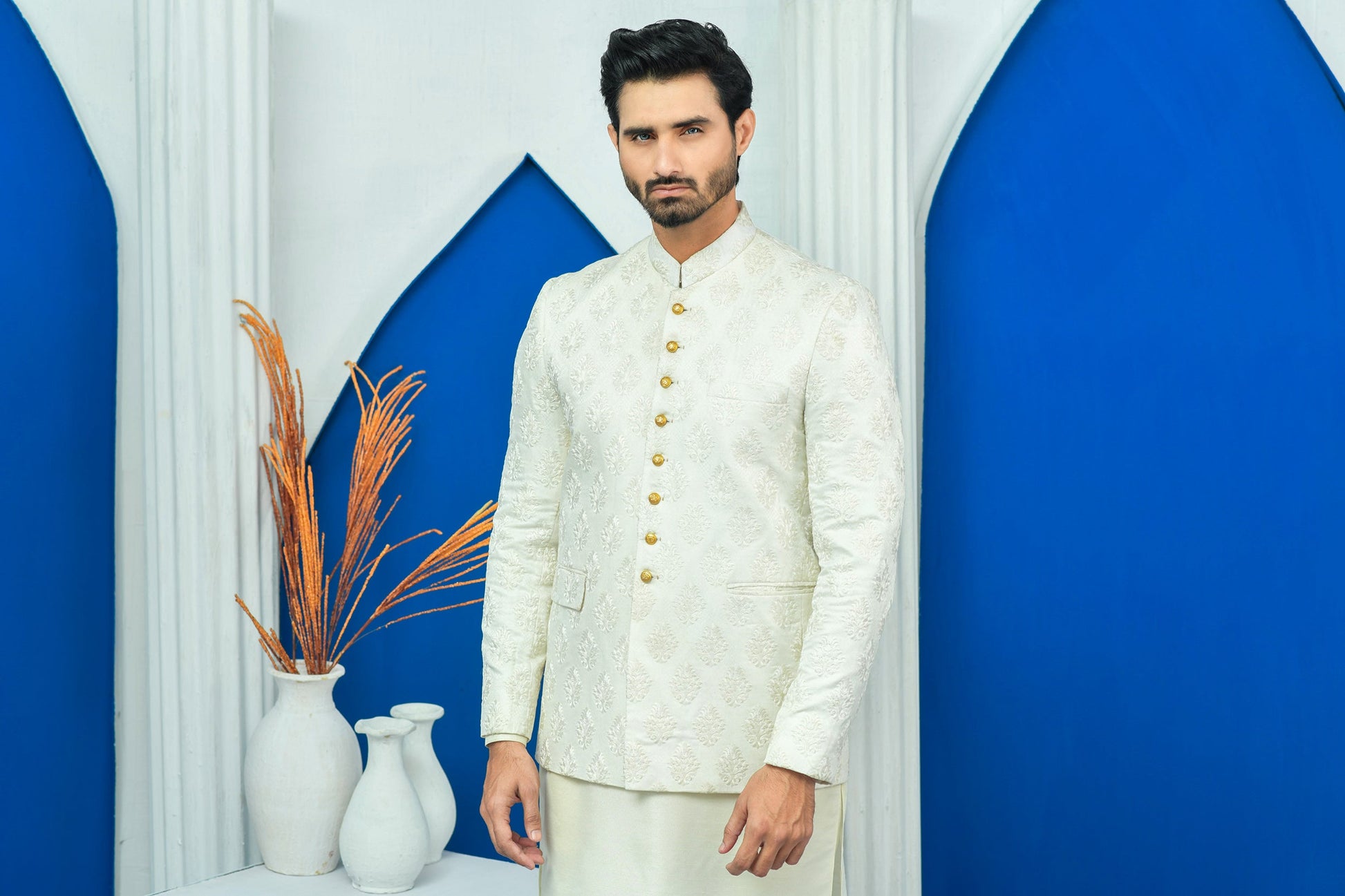 MC 153 Pakistani White Jamawar Boti Work Mens Prince Suits - Mashal Couture