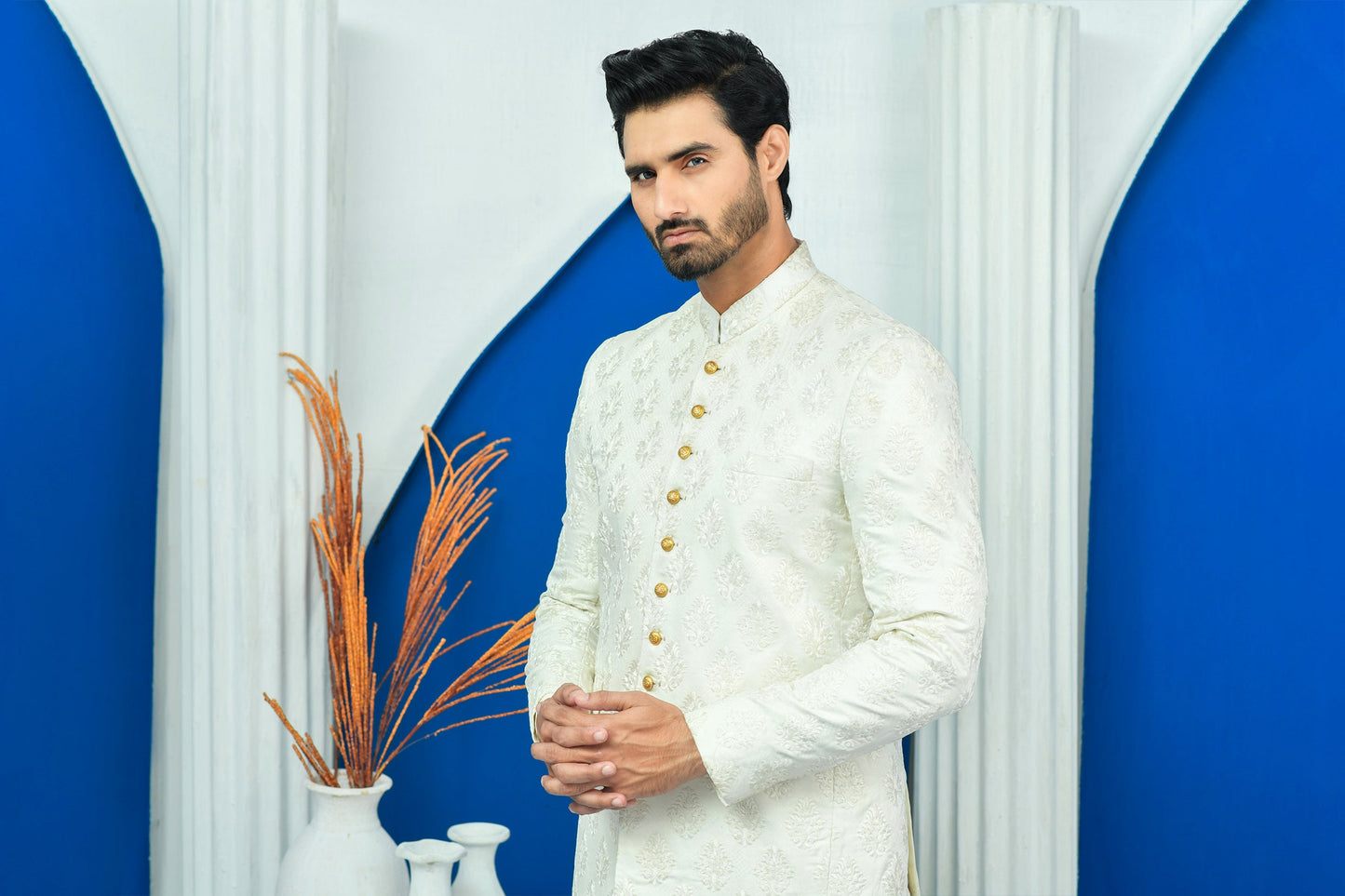 MC 153 Pakistani White Jamawar Boti Work Mens Prince Suits - Mashal Couture