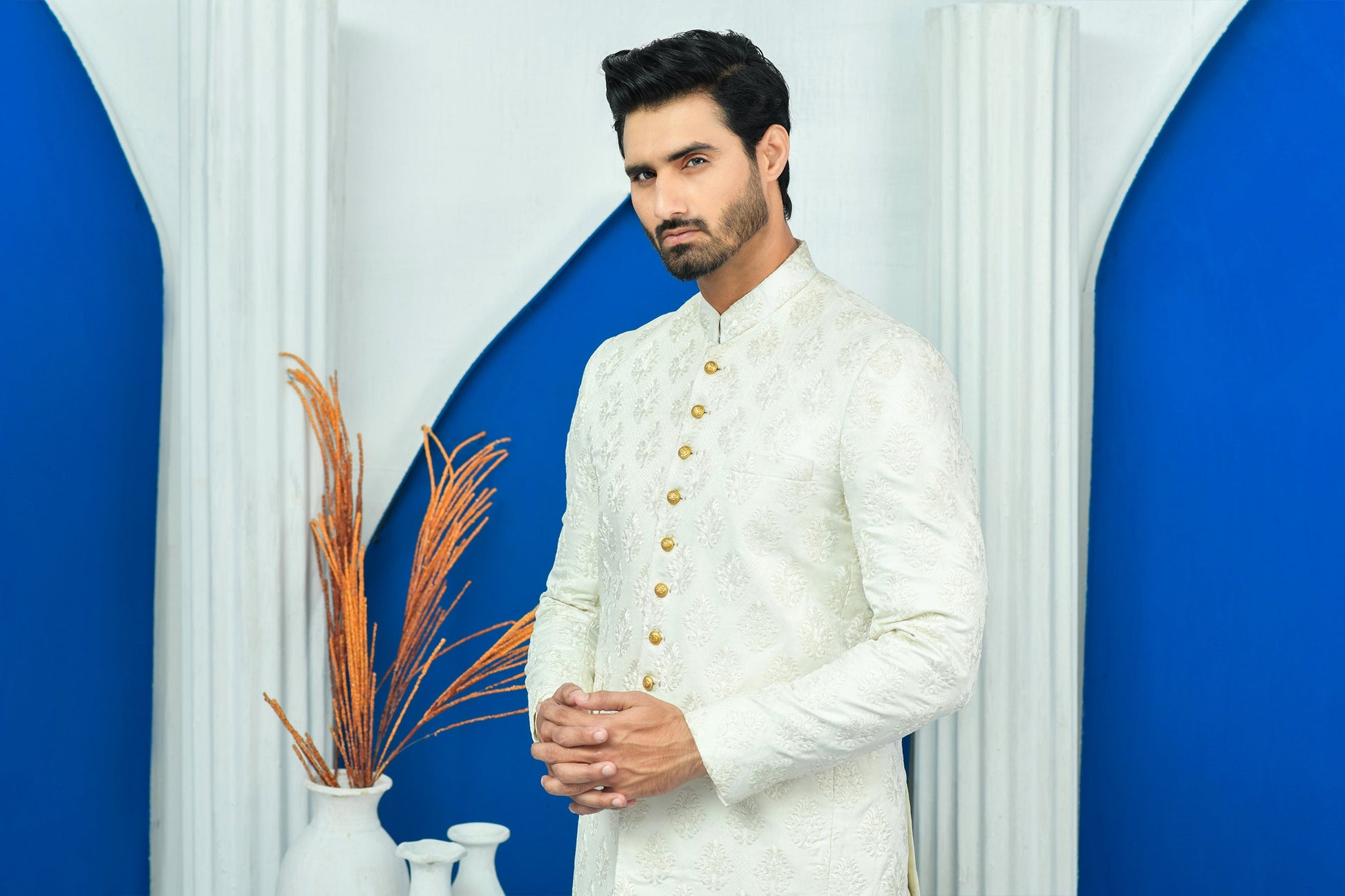 MC 153 Pakistani White Jamawar Boti Work Mens Prince Suits - Mashal Couture