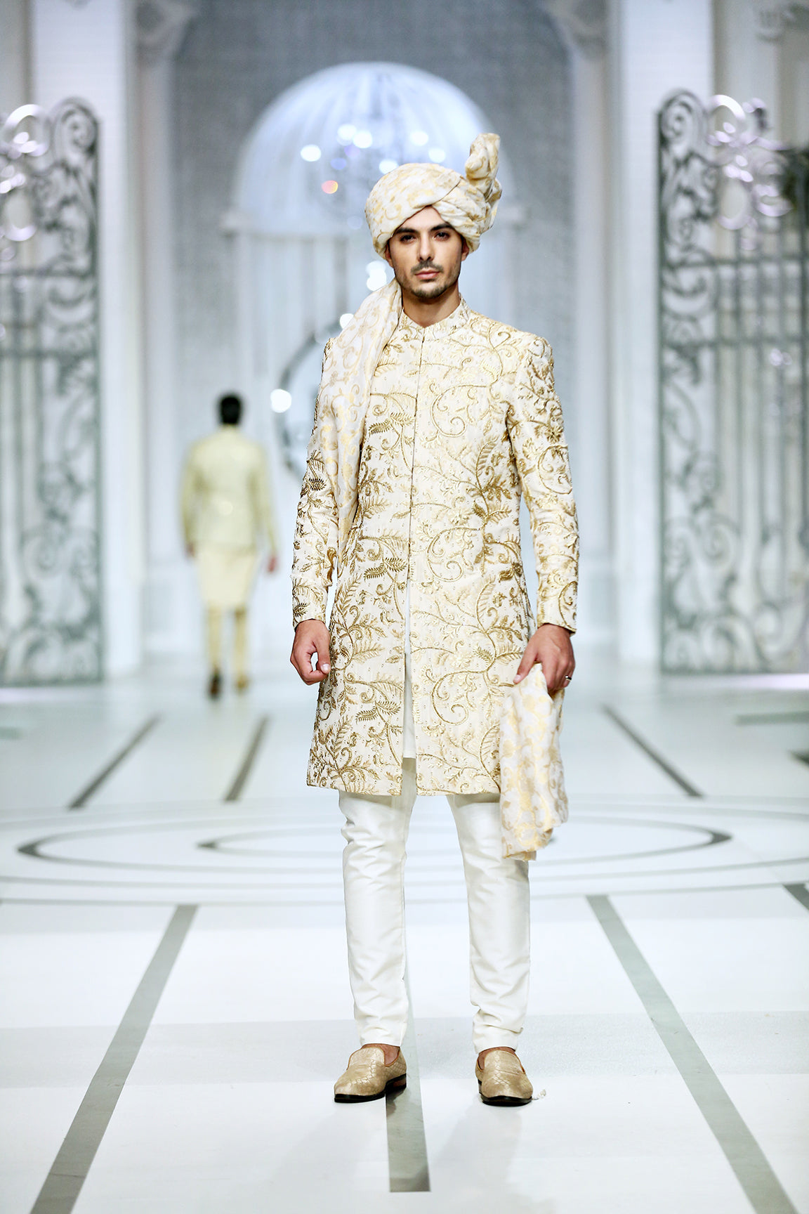 MC 554 Ivory Gold Sherwani - Mashal Couture
