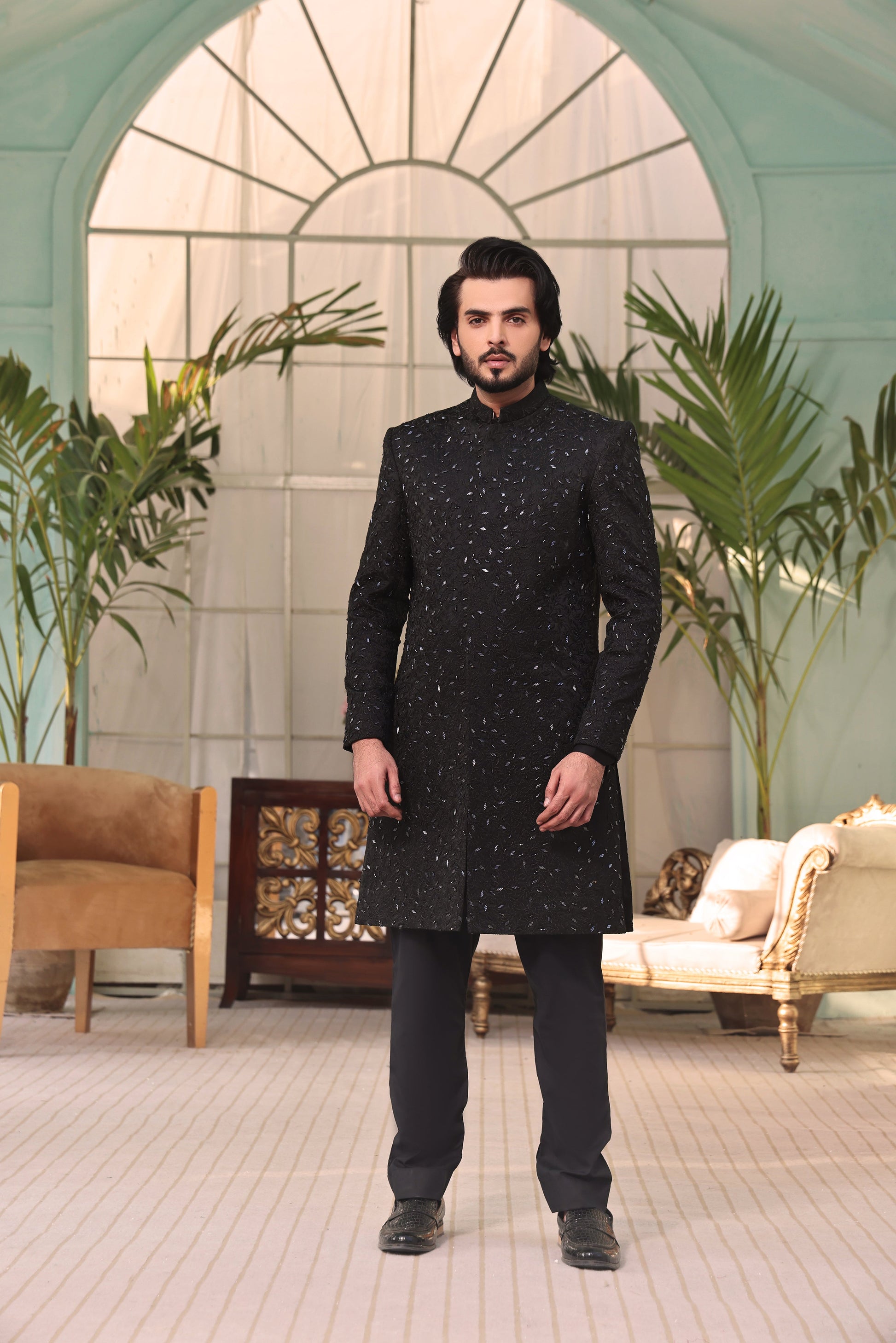 MC 557 Black Sherwani For Groom - Mashal Couture