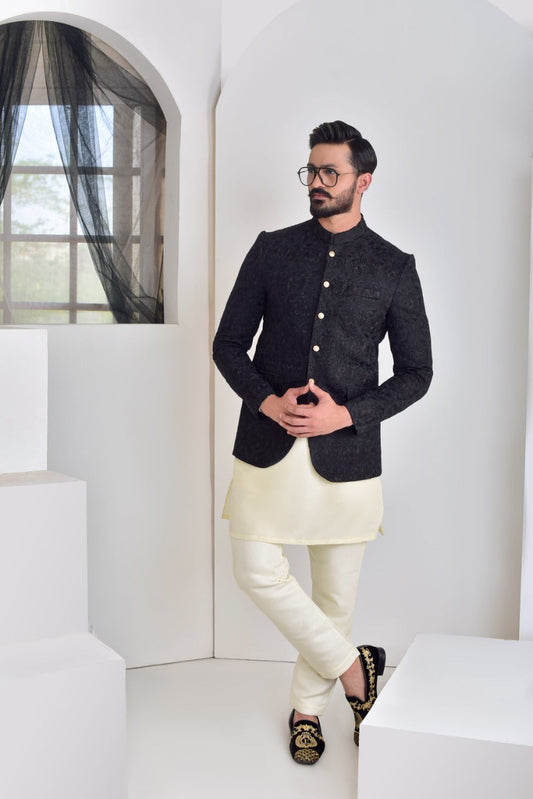 MC 172 Pakistani Men Black Prince Coat - Mashal Couture