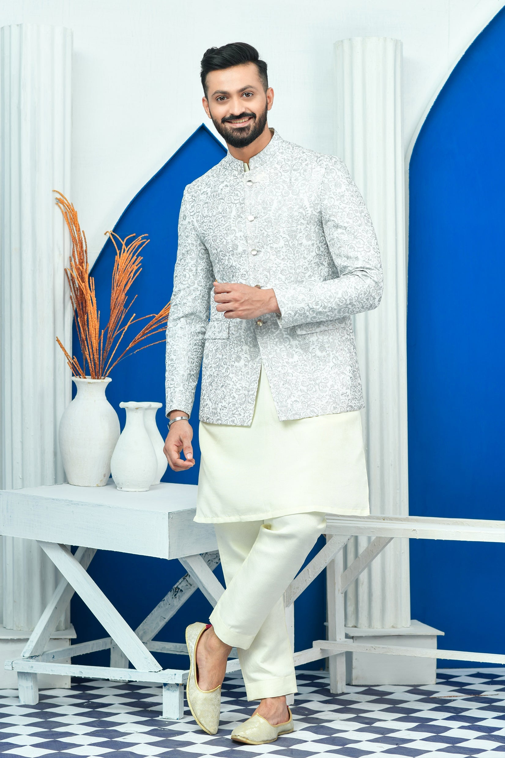 MC 168 Prince Coat Designs White & Silver Zari Work - Mashal Couture