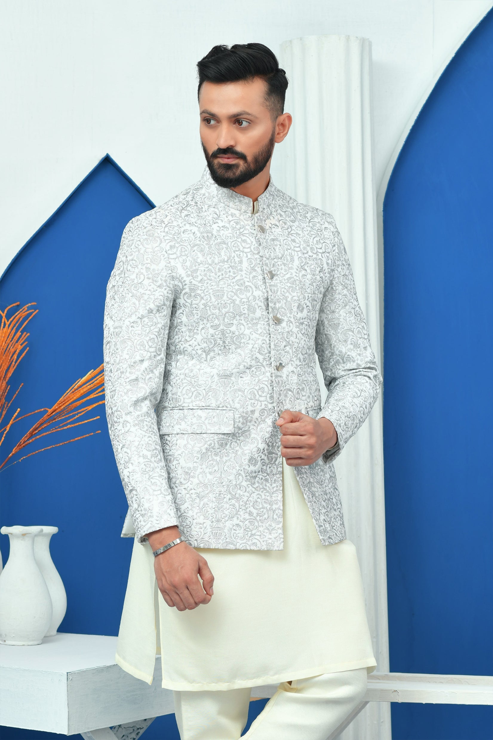 MC 168 Prince Coat Designs White & Silver Zari Work - Mashal Couture