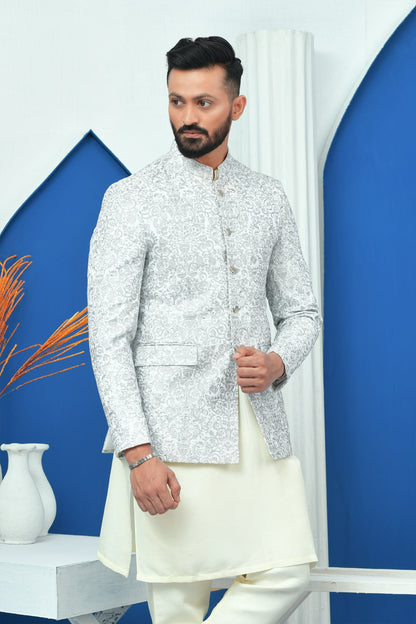 MC 168 Prince Coat Designs White & Silver Zari Work - Mashal Couture
