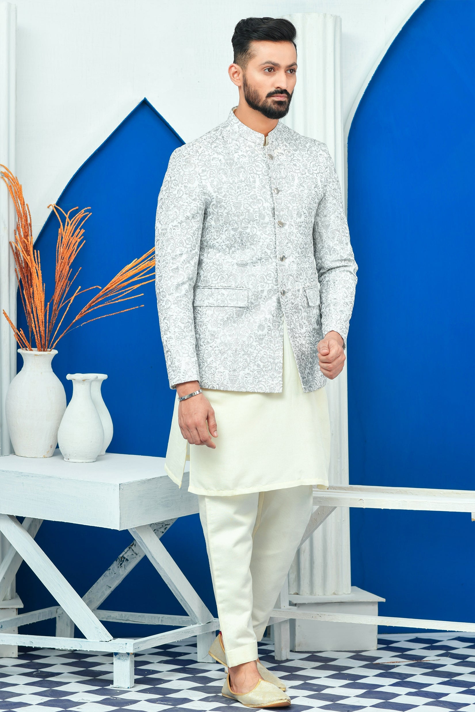 MC 168 Prince Coat Designs White & Silver Zari Work - Mashal Couture