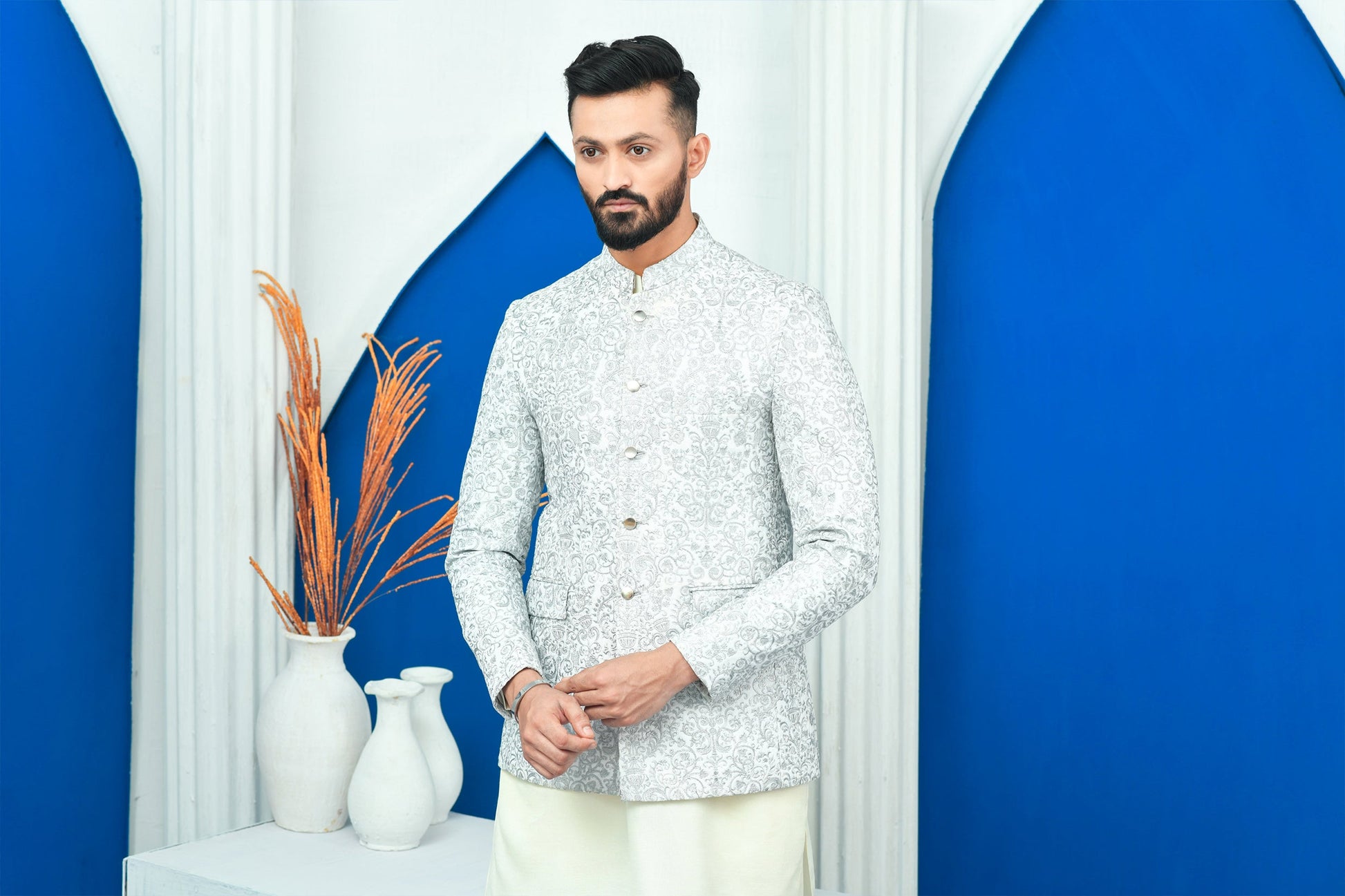 MC 168 Prince Coat Designs White & Silver Zari Work - Mashal Couture