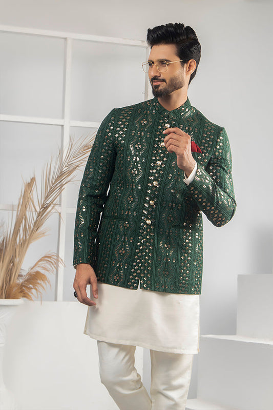 MC 167 Green Sequance Prince Coat Men - Mashal Couture