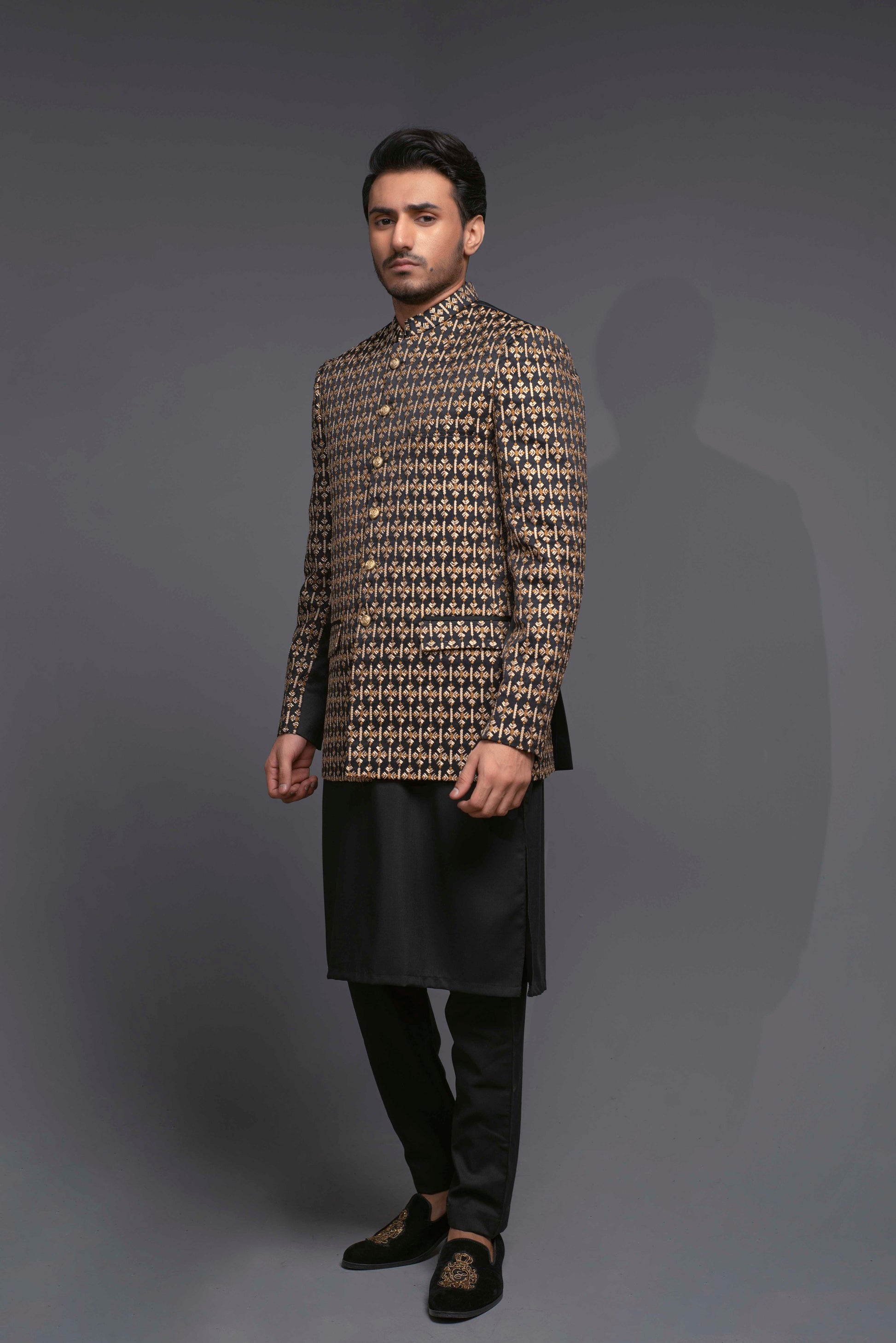 MC 162 Pakistani Prince Suit Black - Mashal Couture