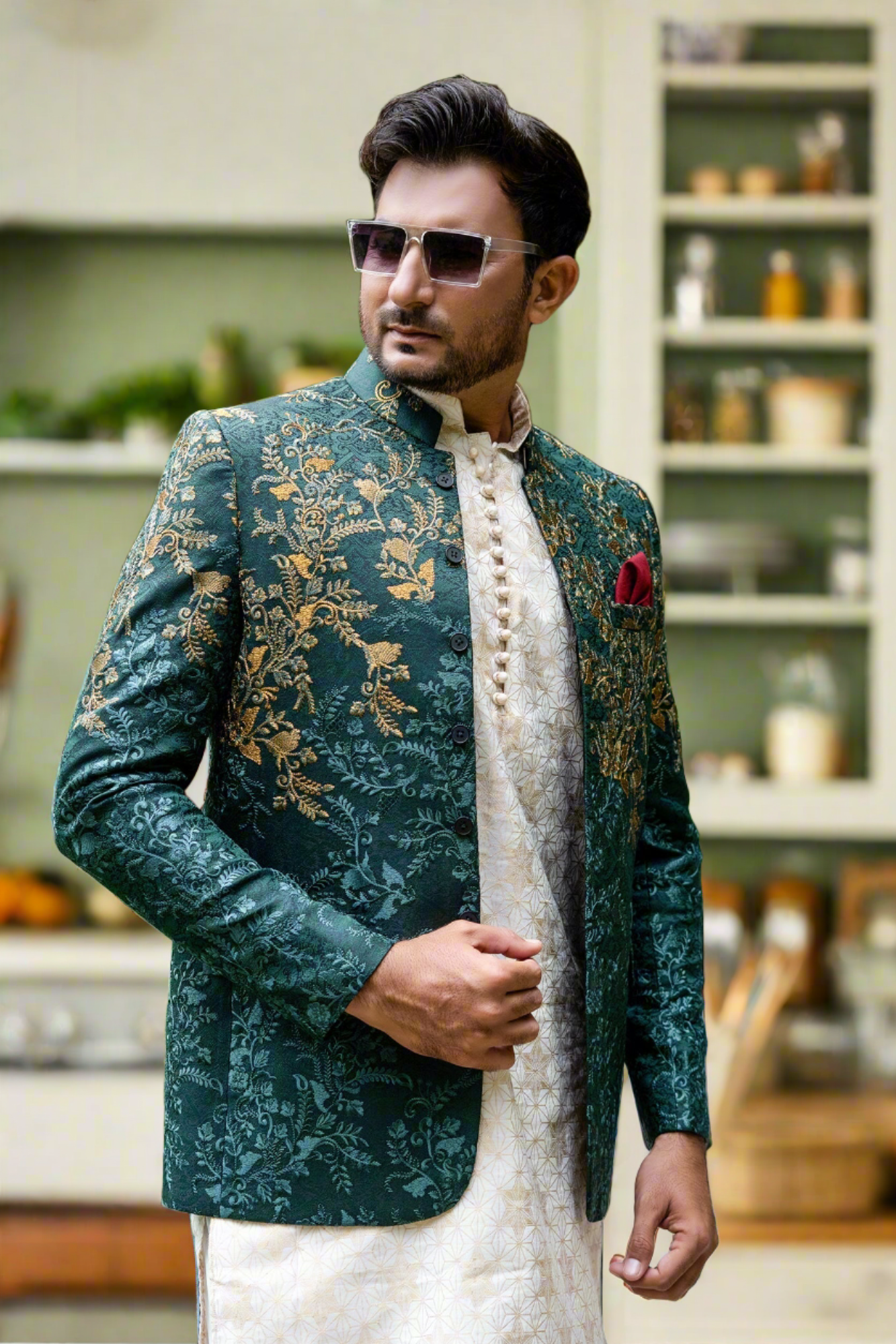 MC 137 Green Copper Embroidered Prince Coat - Mashal Couture