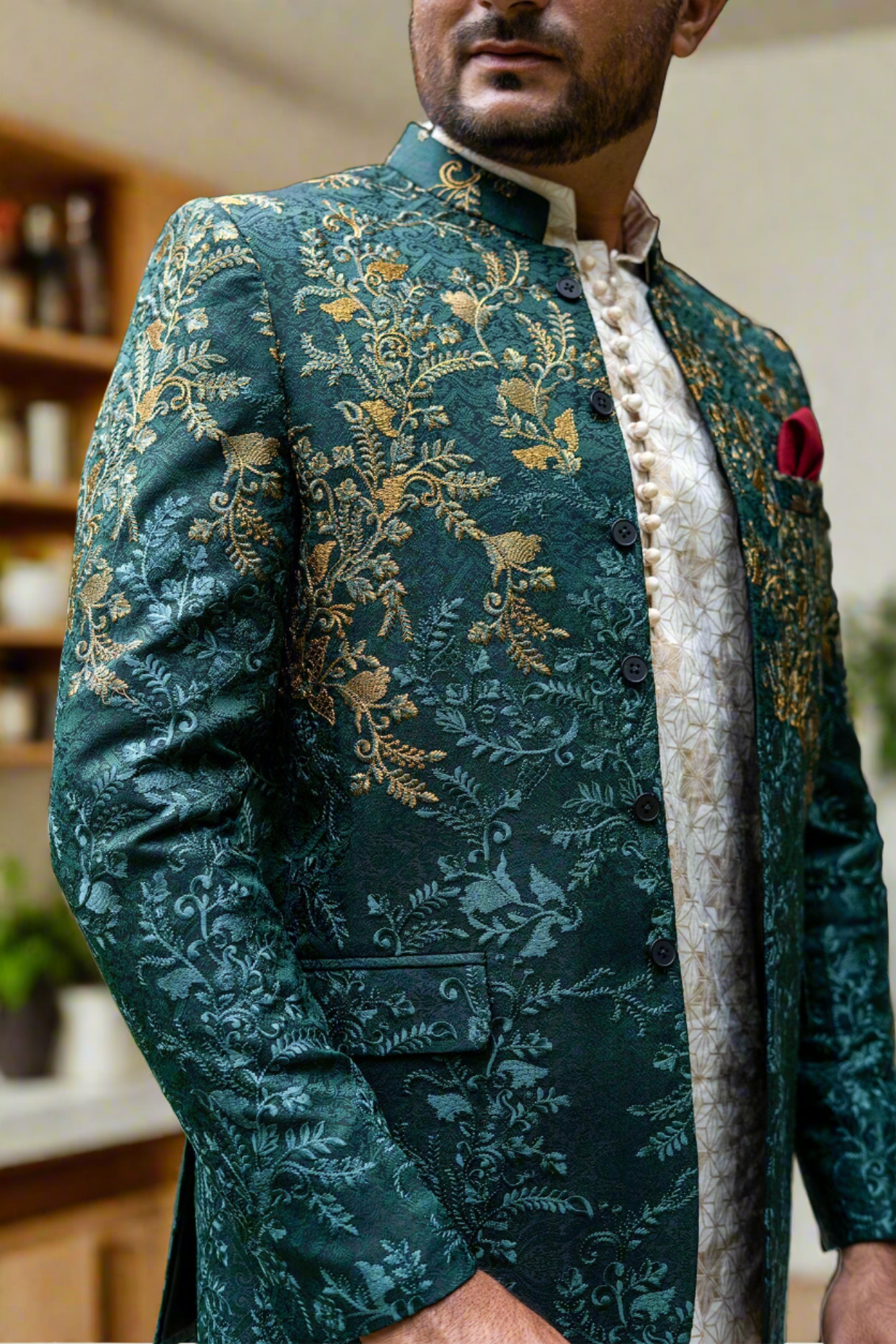 MC 137 Green Copper Embroidered Prince Coat - Mashal Couture