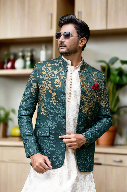 MC 137 Green Copper Embroidered Prince Coat - Mashal Couture