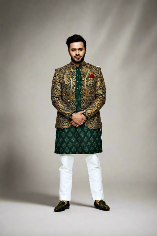 MC 138 Green Front Open Prince Coat Design - Mashal Couture