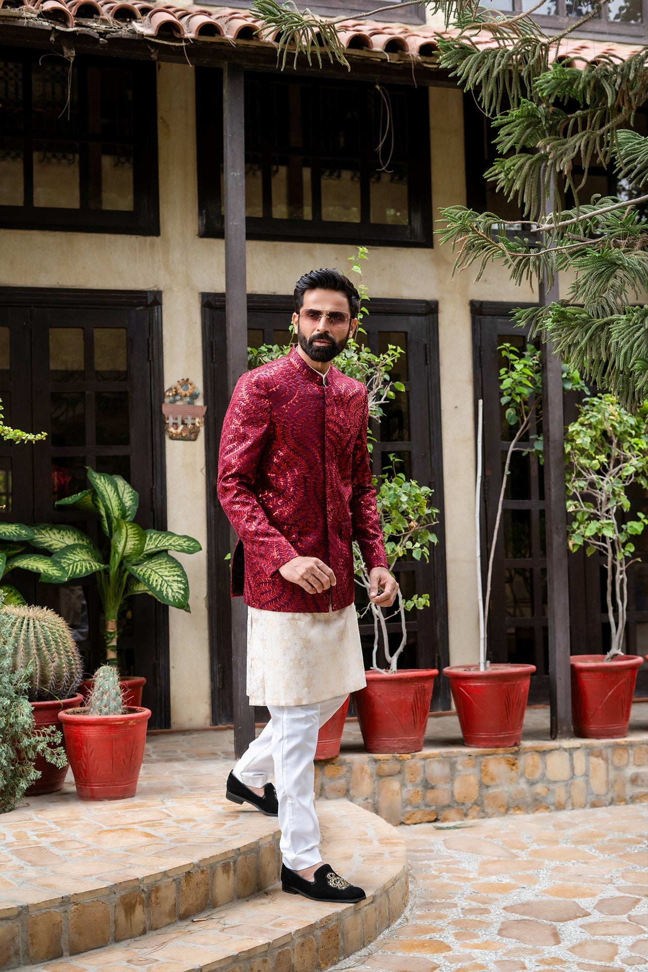 MC 185 Maroon Pakistani Prince Coat - Mashal Couture