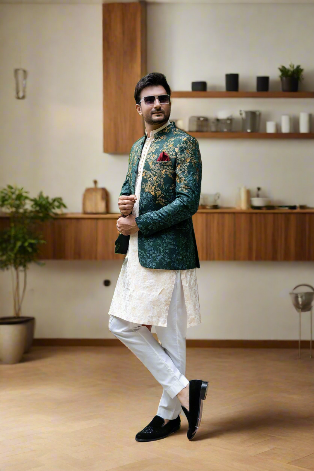 MC 137 Green Copper Embroidered Prince Coat - Mashal Couture