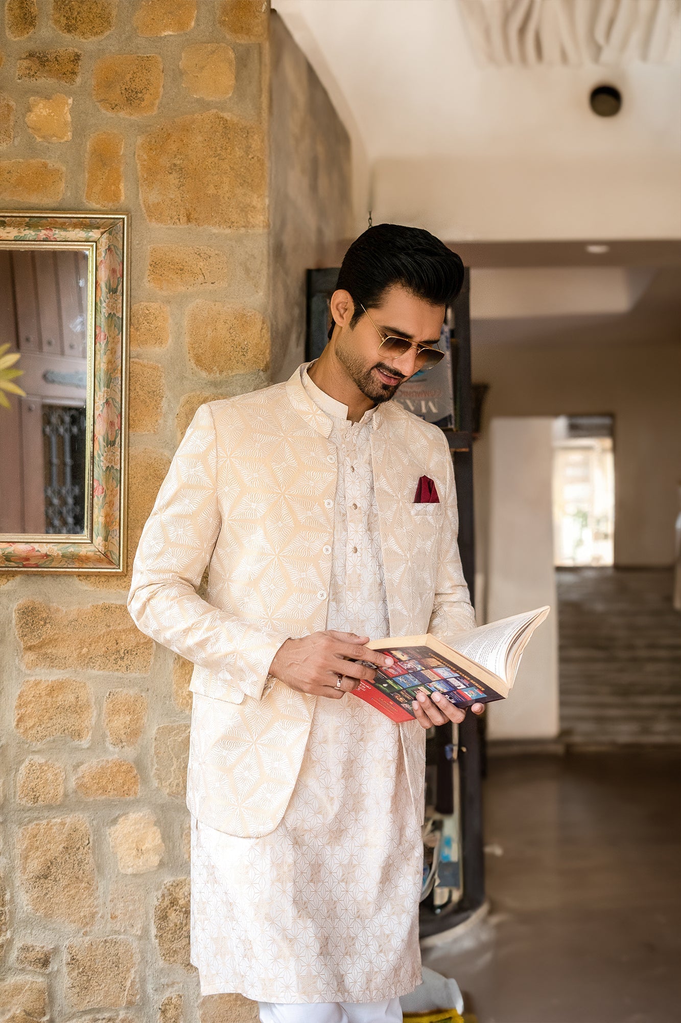 MC 148 Beige And White Prince Coat Weddding - Mashal Couture