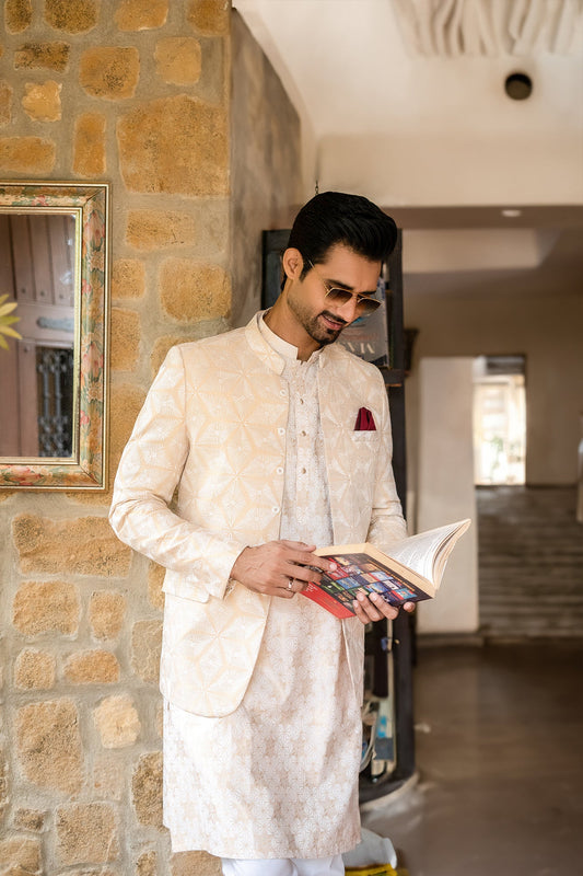 MC 148 Beige And White Prince Coat Weddding - Mashal Couture