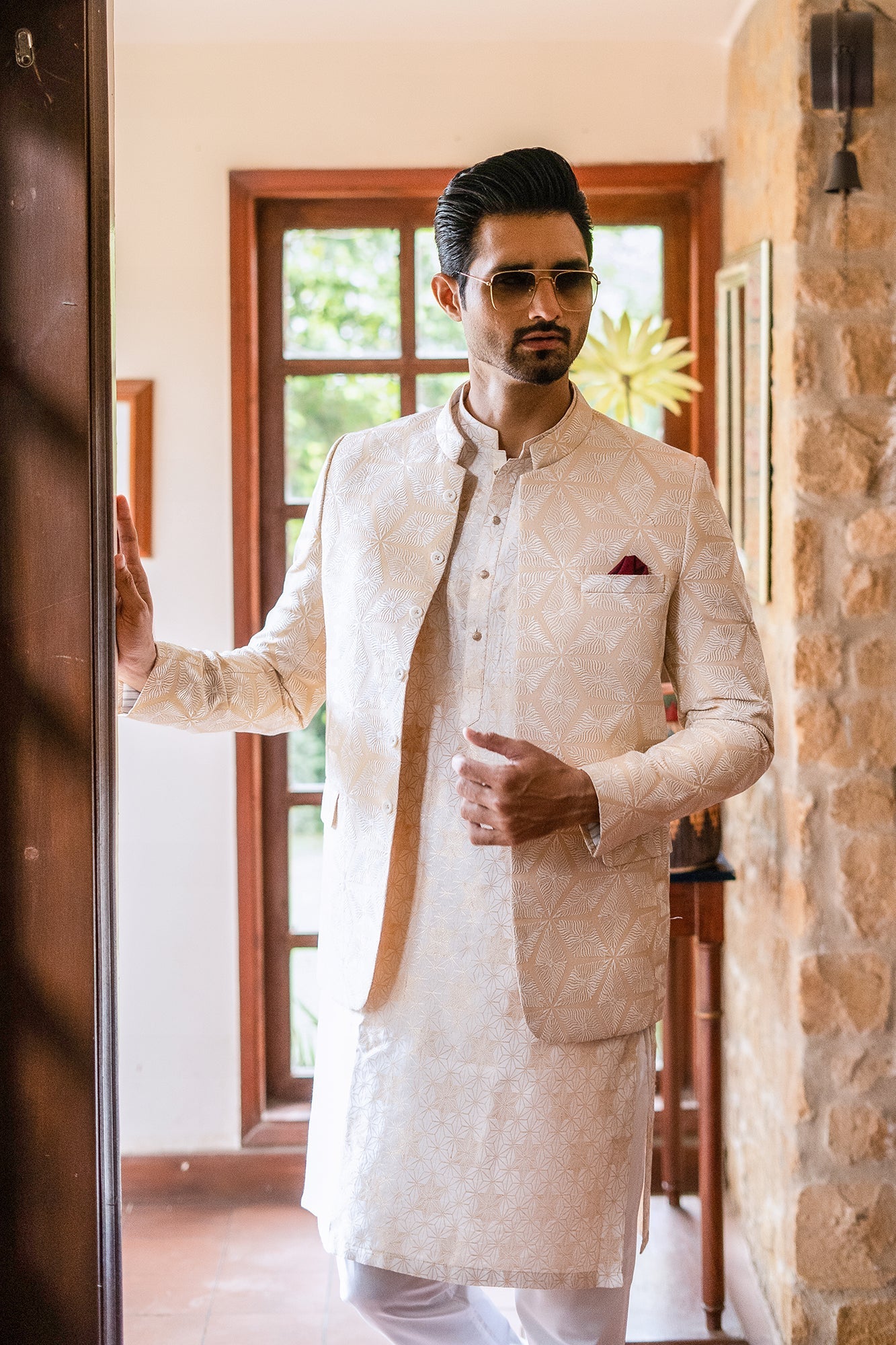 MC 148 Beige And White Prince Coat Weddding - Mashal Couture