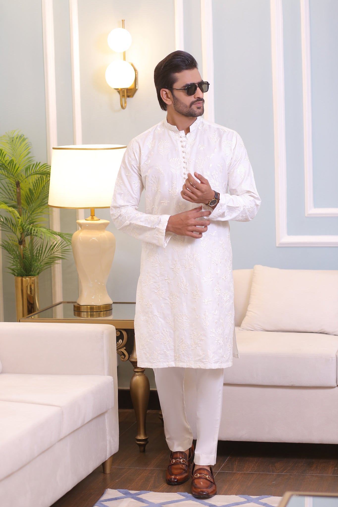 CK 22 White Chikankari Kurta Pajama For Men - Mashal Couture
