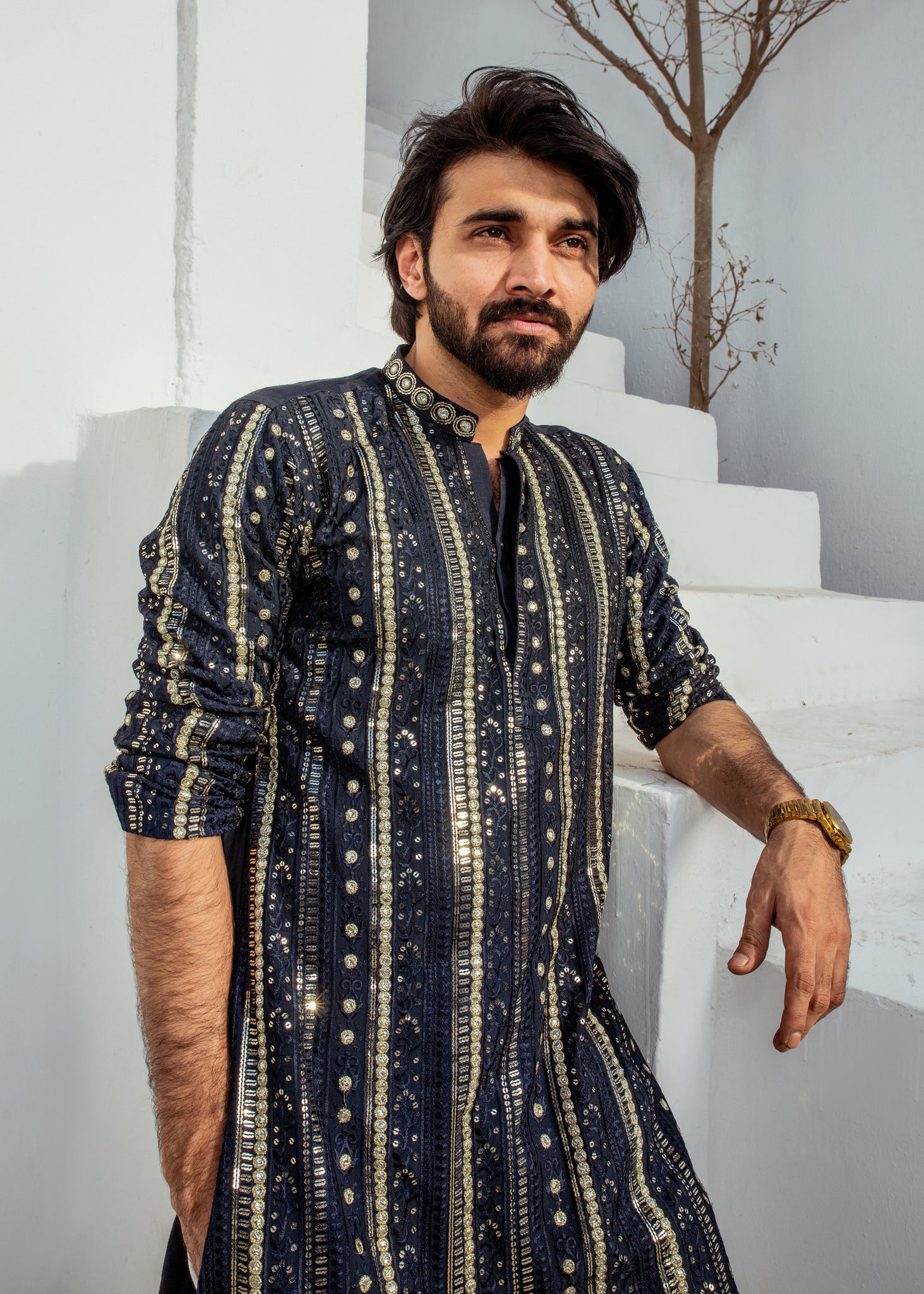 MC 21 Mirror Work Kurta Mens Black - Mashal Couture