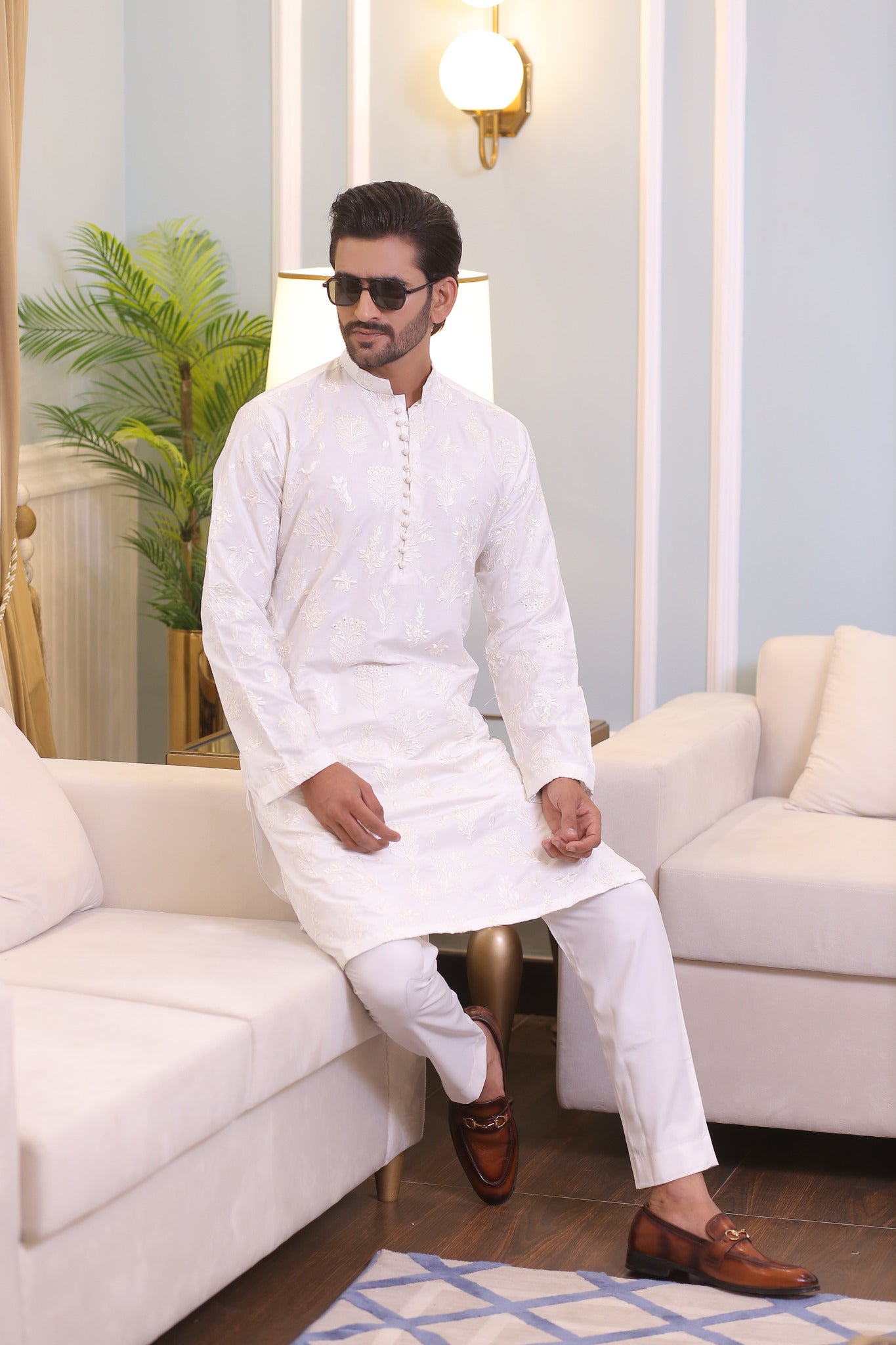 CK 22 White Chikankari Kurta Pajama For Men - Mashal Couture
