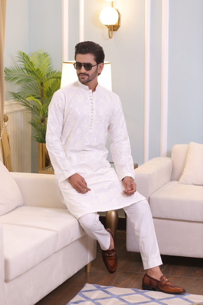 CK 22 White Chikankari Kurta Pajama For Men - Mashal Couture