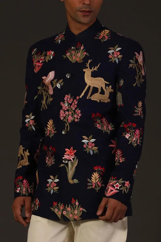 MC 123 Floral Embroidery Prince Coat - Mashal Couture