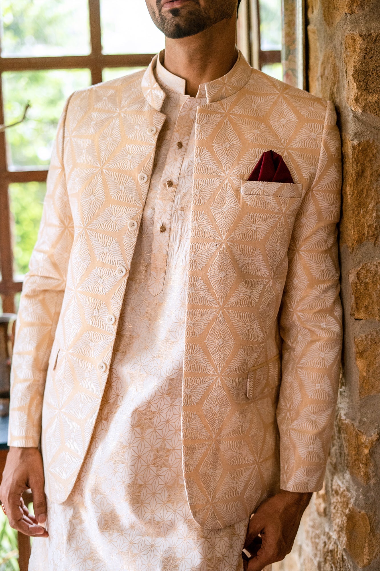 MC 148 Beige And White Prince Coat Weddding - Mashal Couture
