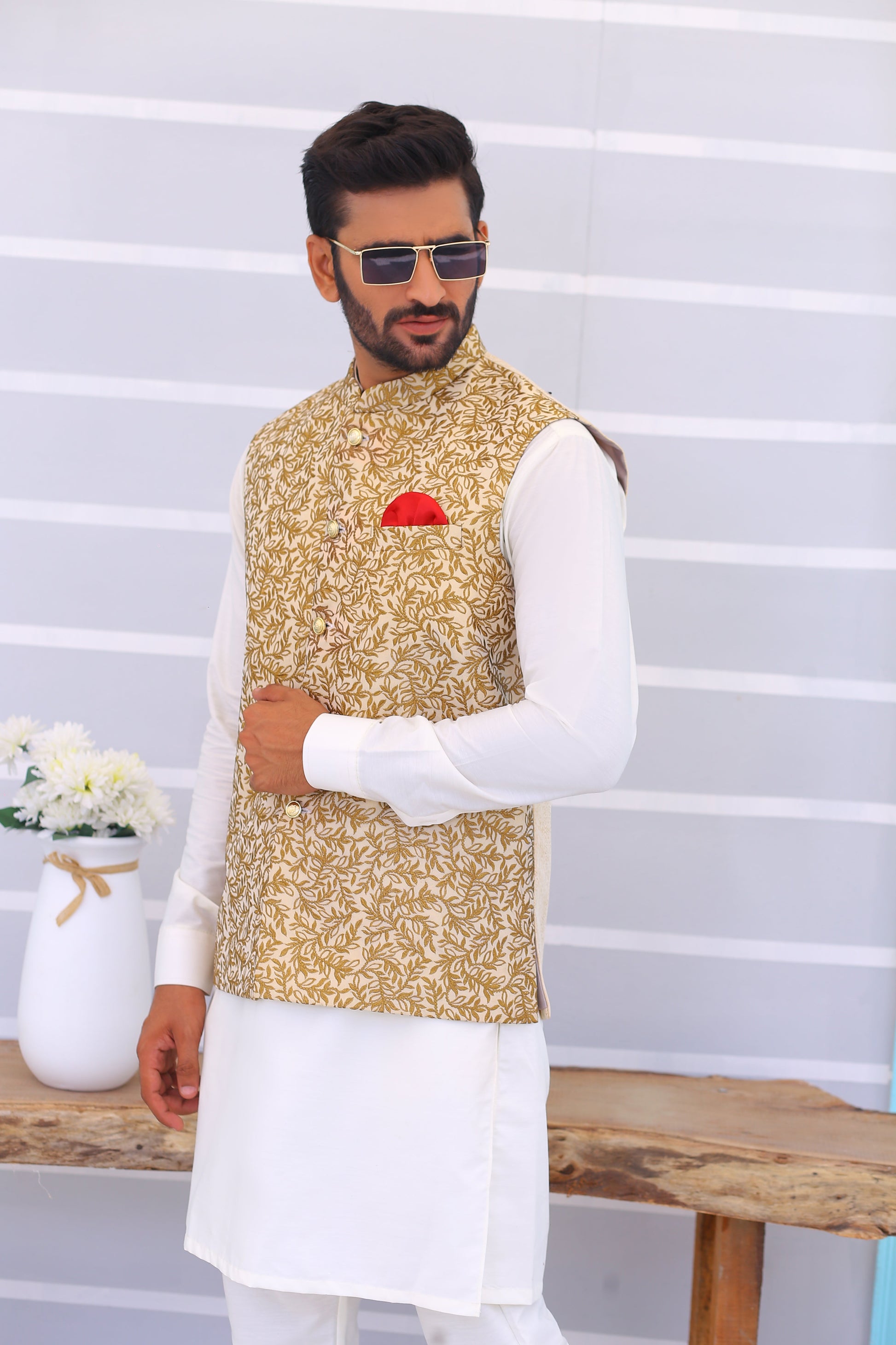 Golden Embroidered Waistcoat - Mashal Couture