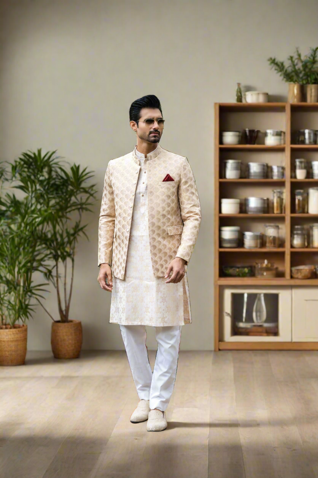 MC 139 Beige Prince Coat Designs - Mashal Couture