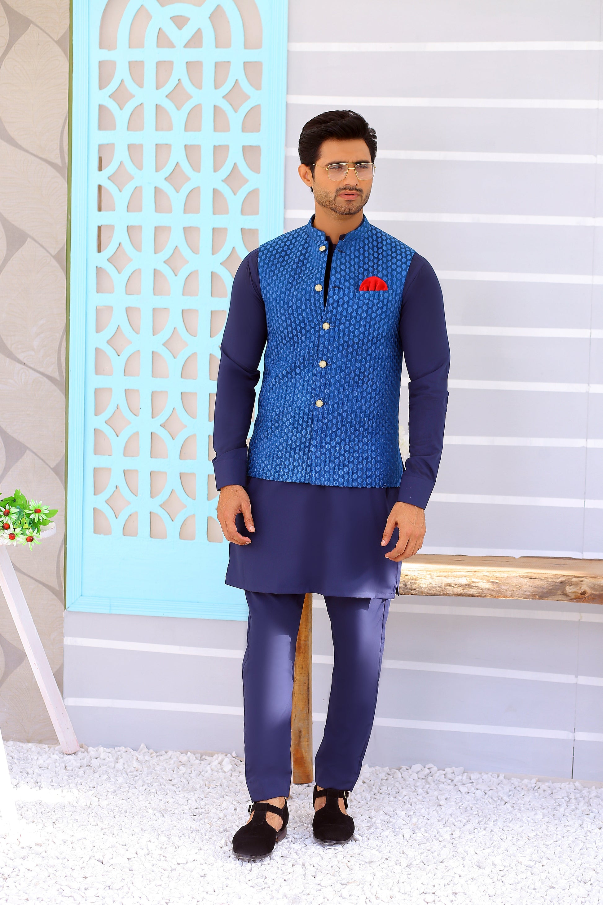 Blue Waistcoat For Men - Mashal Couture