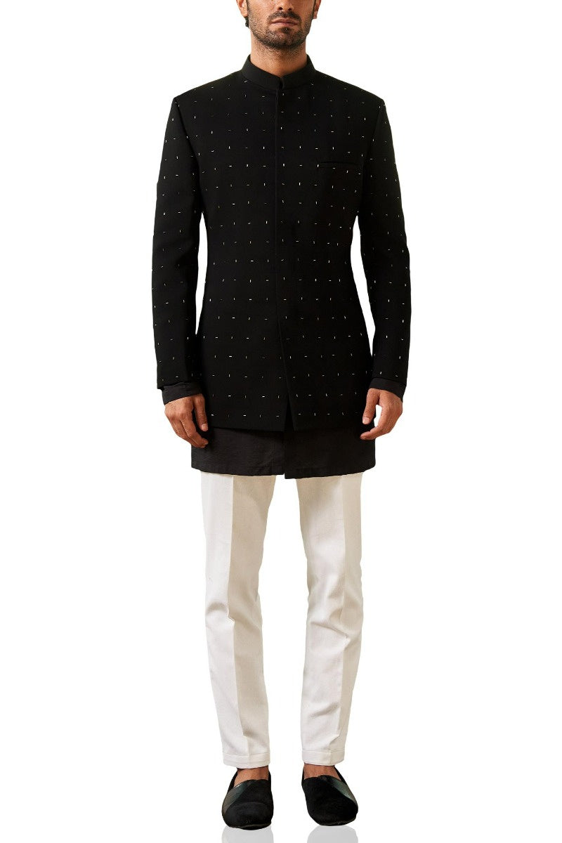 MC 124 Jet Black Prince's Coat & Kurta Set - Mashal Couture