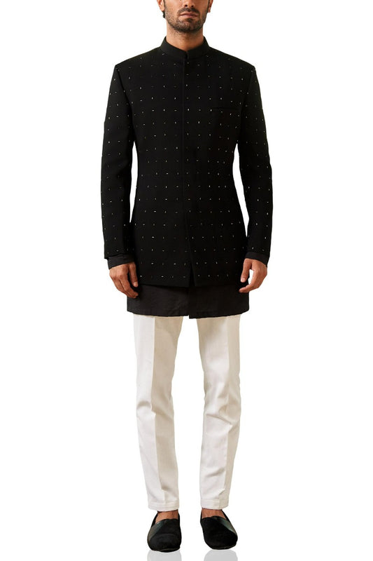 MC 124 Jet Black Prince's Coat & Kurta Set at MashalCouture.com