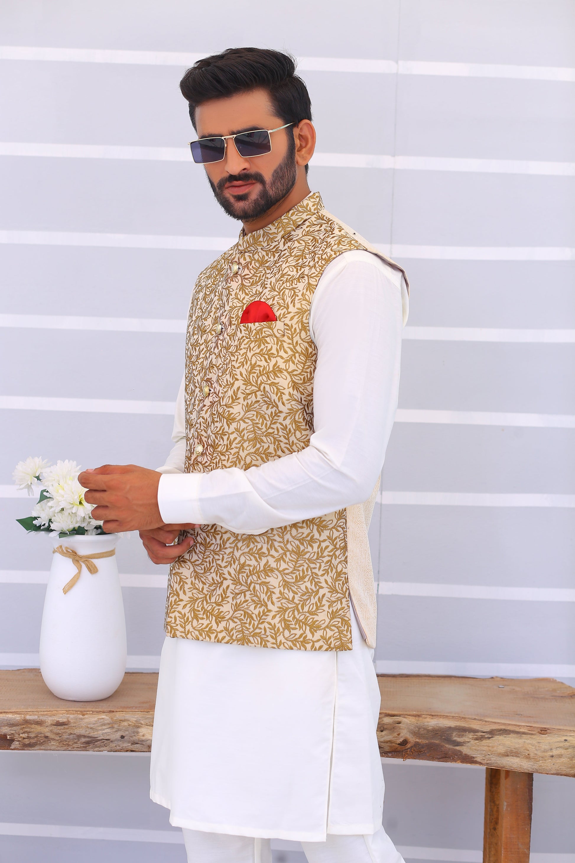 Golden Embroidered Waistcoat - Mashal Couture