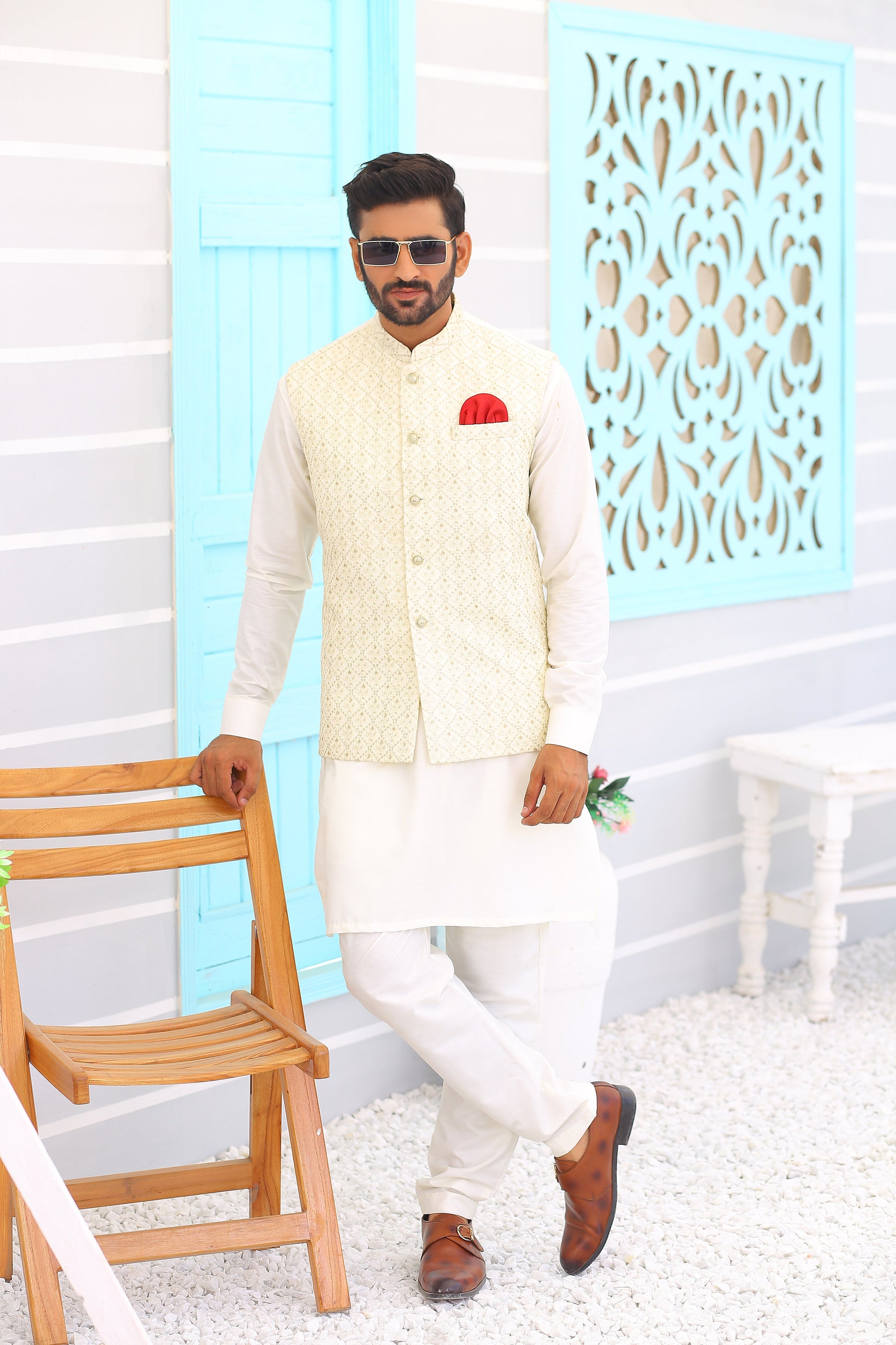 waistcoat with Off White shalwar kameez