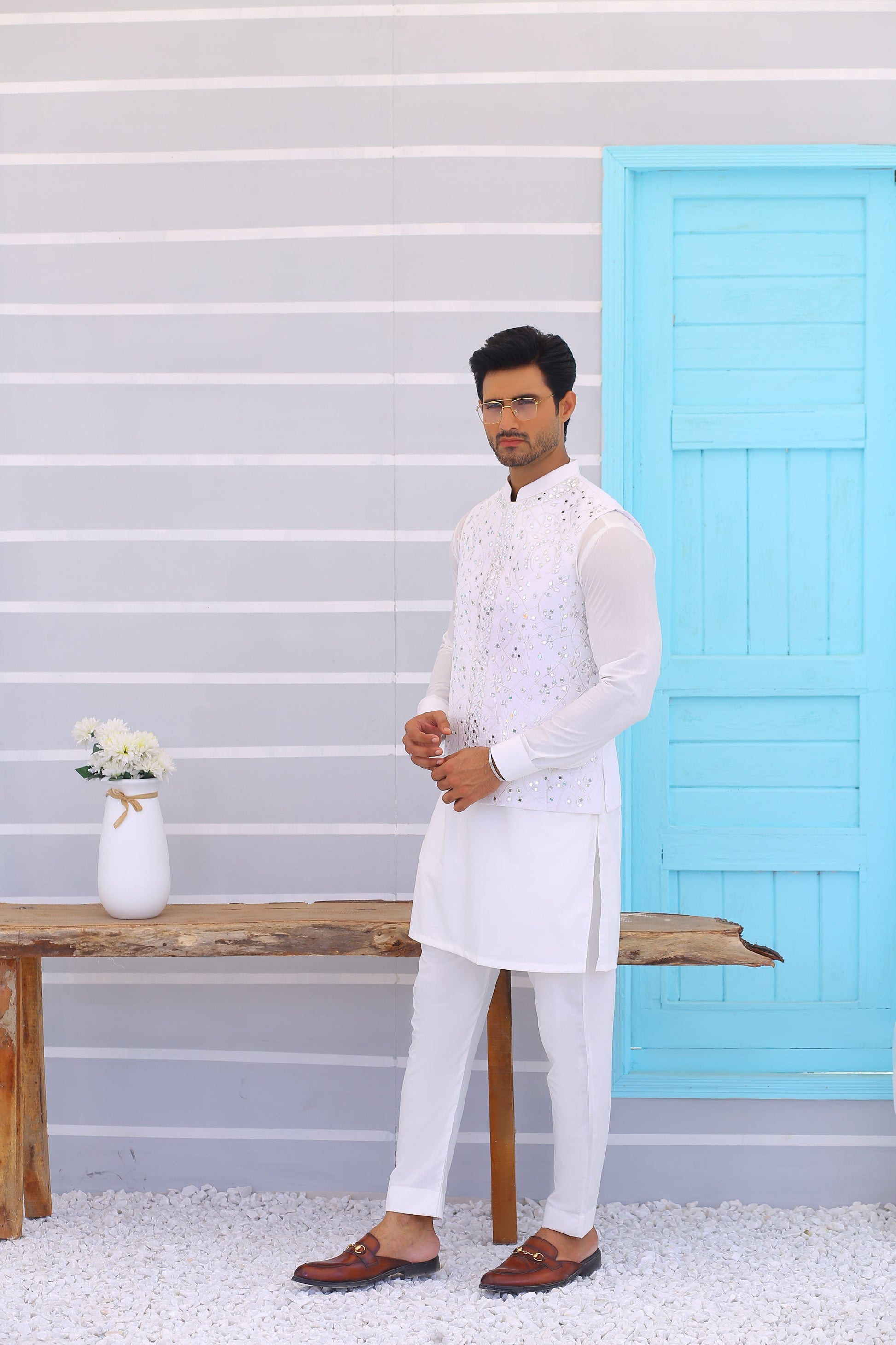 waistcoat with White Mirror Work suit