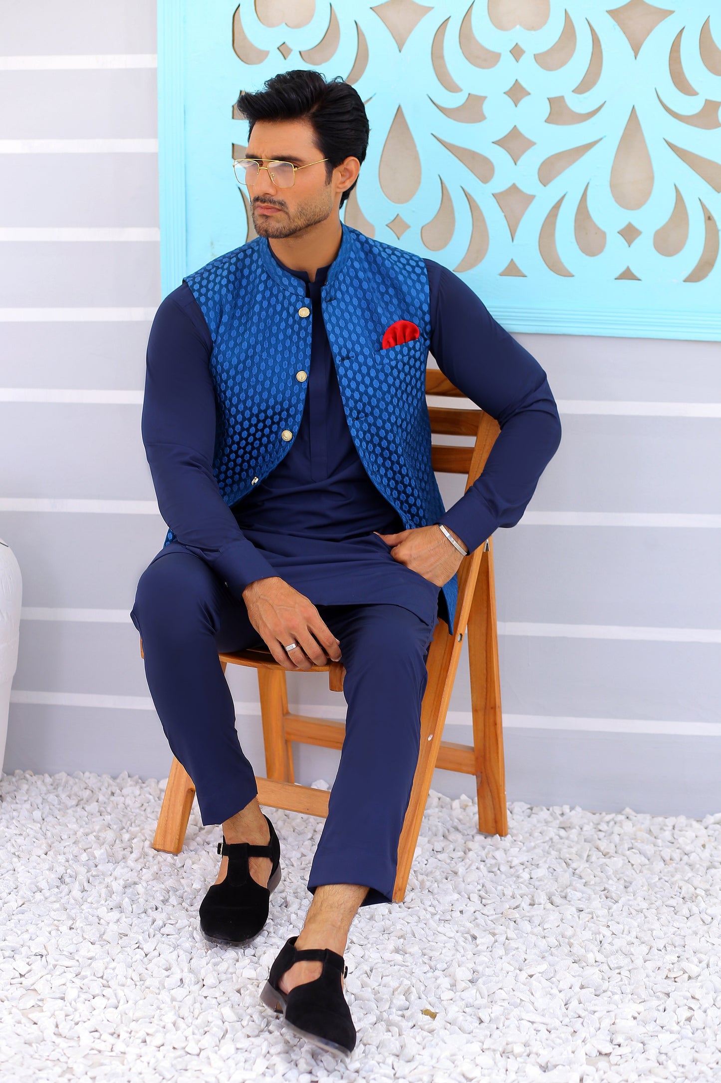 Blue Waistcoat For Men - Mashal Couture