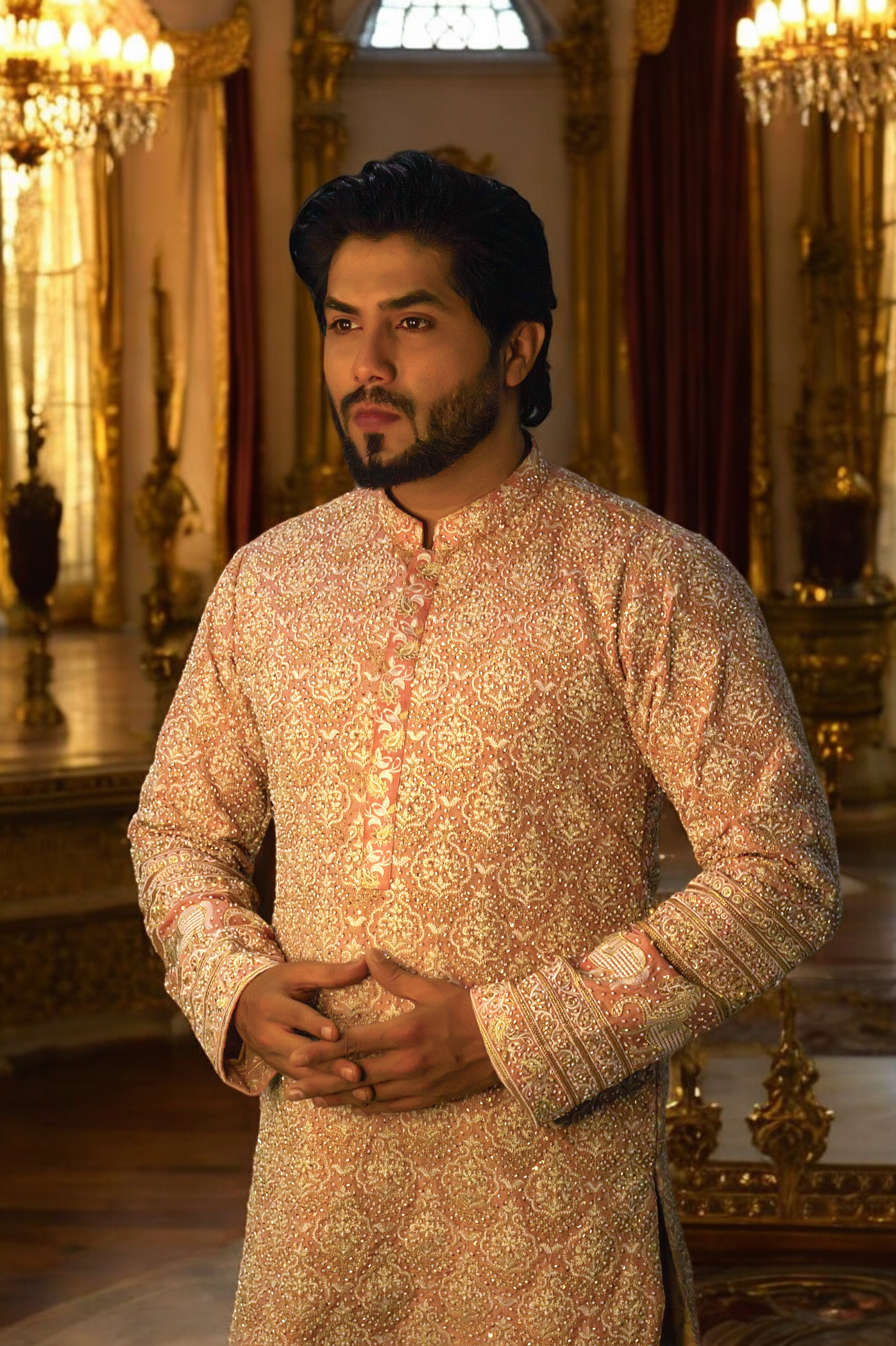 Full Embroidery Kurta Pajama With Shawl - Mashal Couture