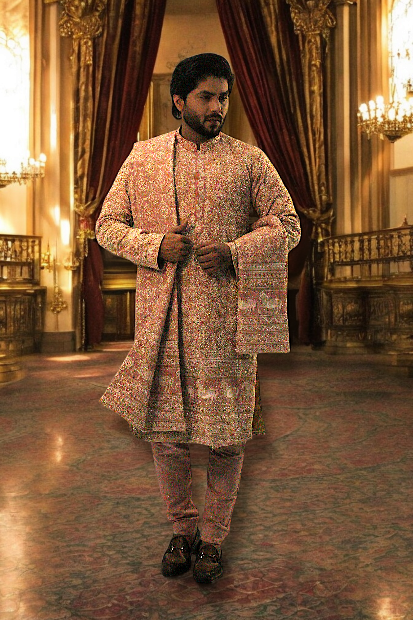 Full Embroidery Kurta Pajama With Shawl - Mashal Couture
