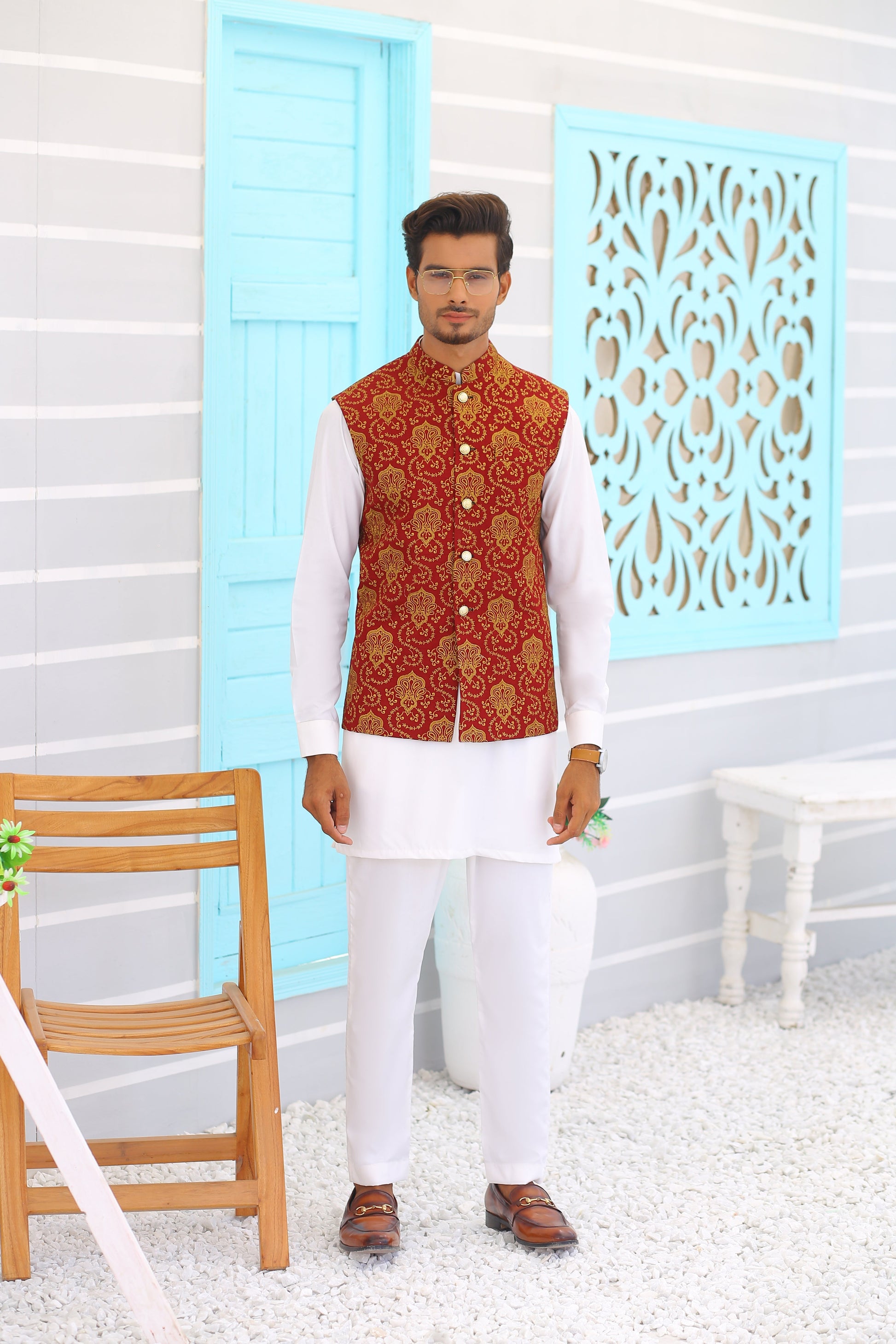 MC Maroon Embroidery Waistcoat - Mashal Couture