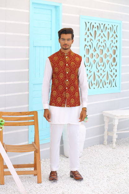 MC Maroon Embroidery Waistcoat - Mashal Couture