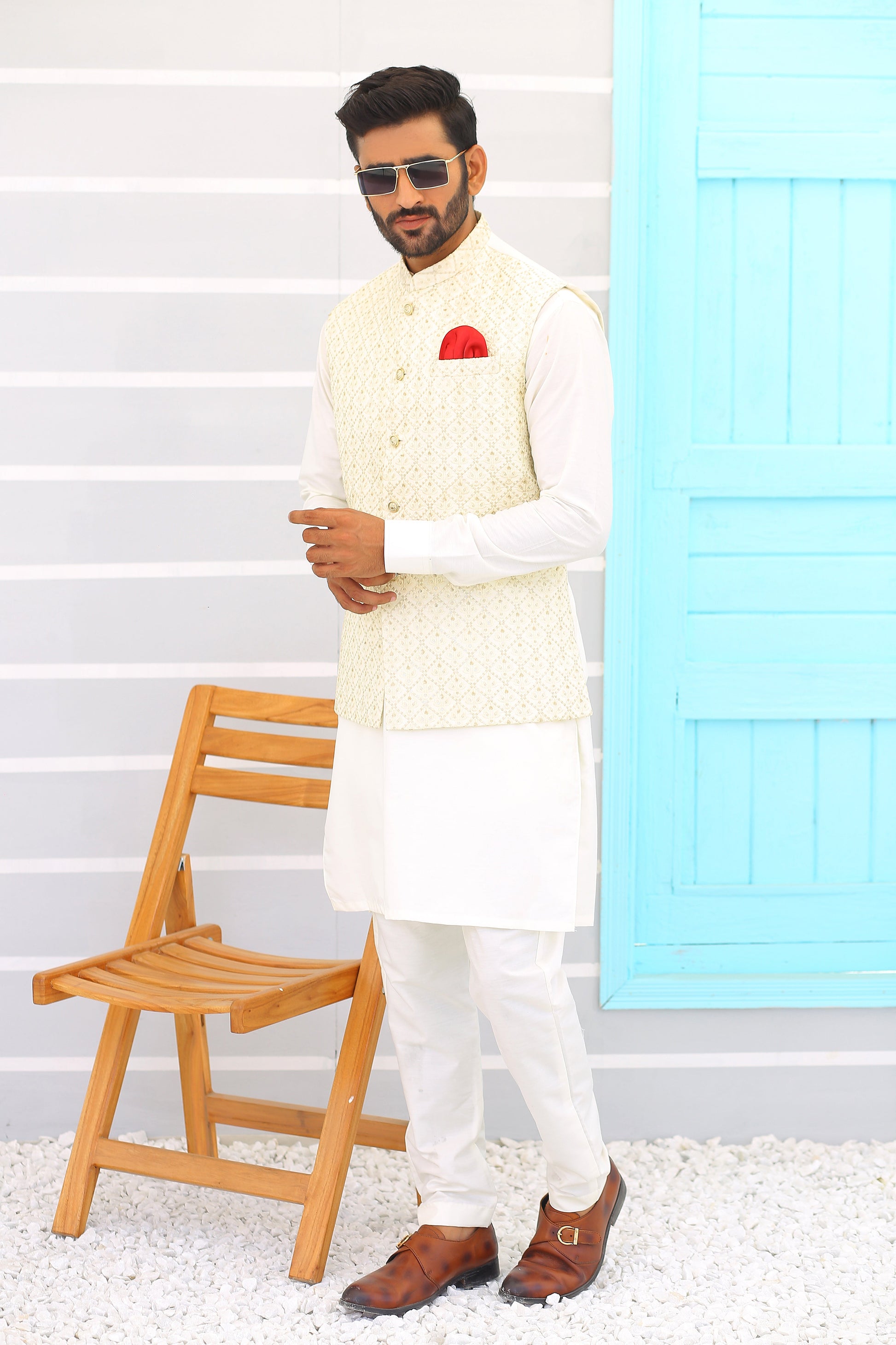 white waistcoat with shalwar kameez